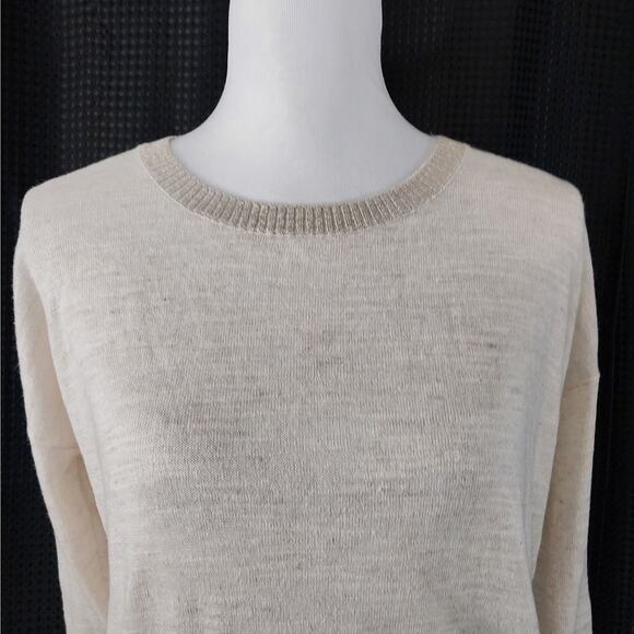 LOFT! LINEN+!CREAMY OATMEAL & GOLD TRIM LIGHTWEIGHT 3/4 SLEEVE SWEATER TOP! SZ S - Picture 3 of 9